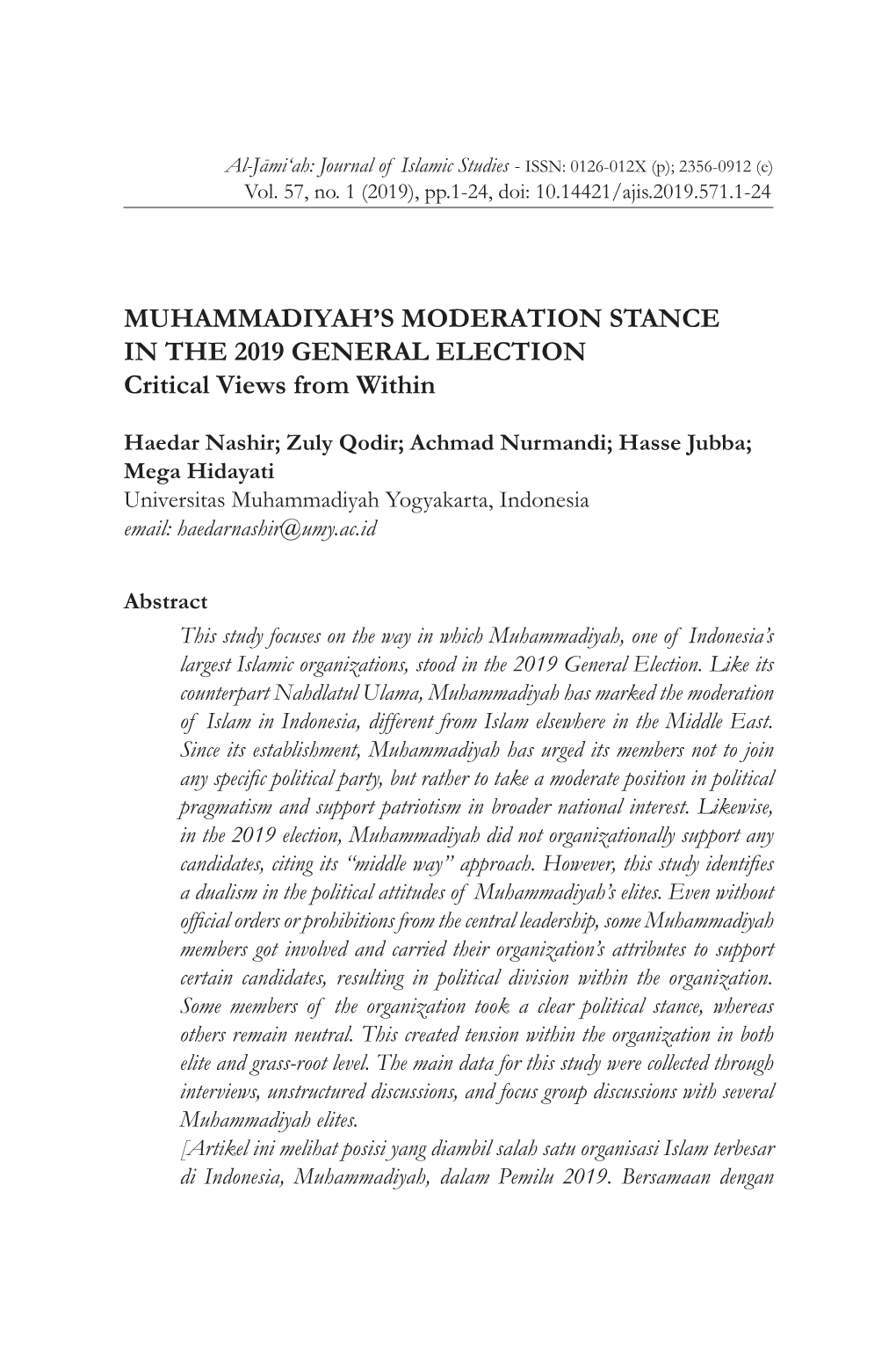 MUHAMMADIYAH's MODERATION STANCE in the 2019 GENERAL ELECTION Critical Views from Within