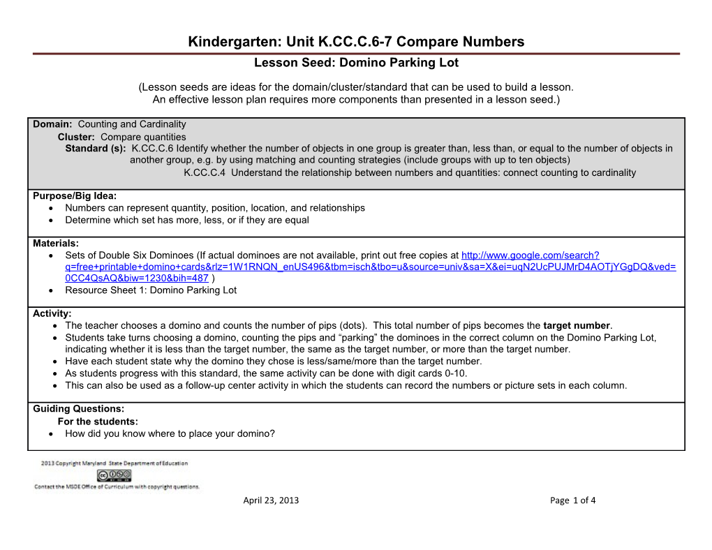 Kindergarten: Unit K.CC.C.6-7 Compare Numbers