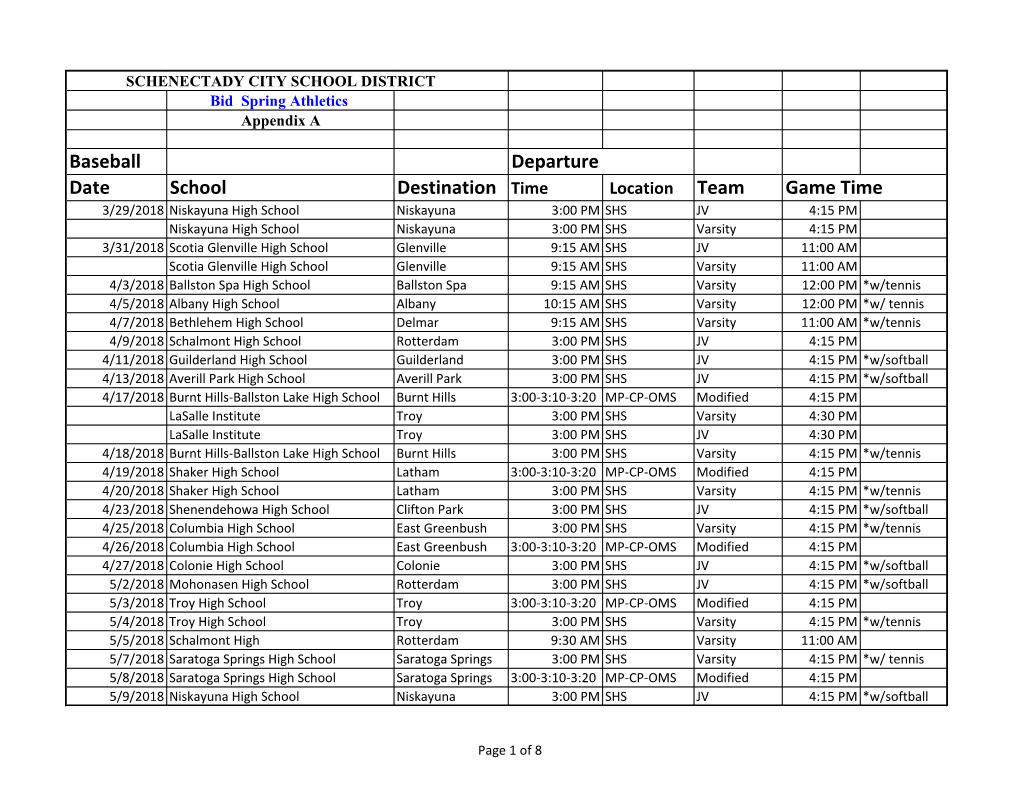 Baseball Departure Date School Destination Time Game Time