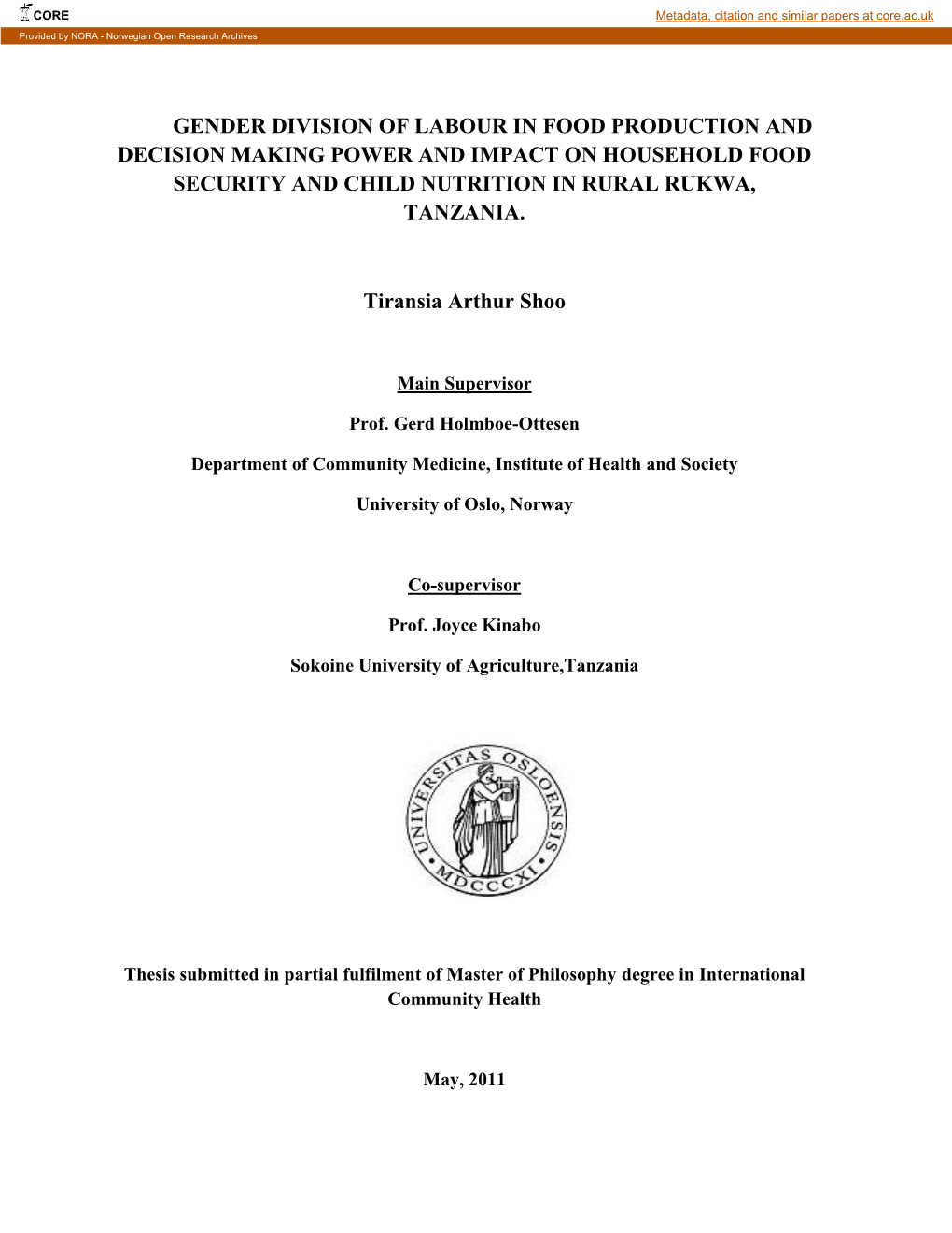 Gender Division of Labour in Food Production and Impact on Household Food Security and Child Nutrition in Rural Rukwa,Tan