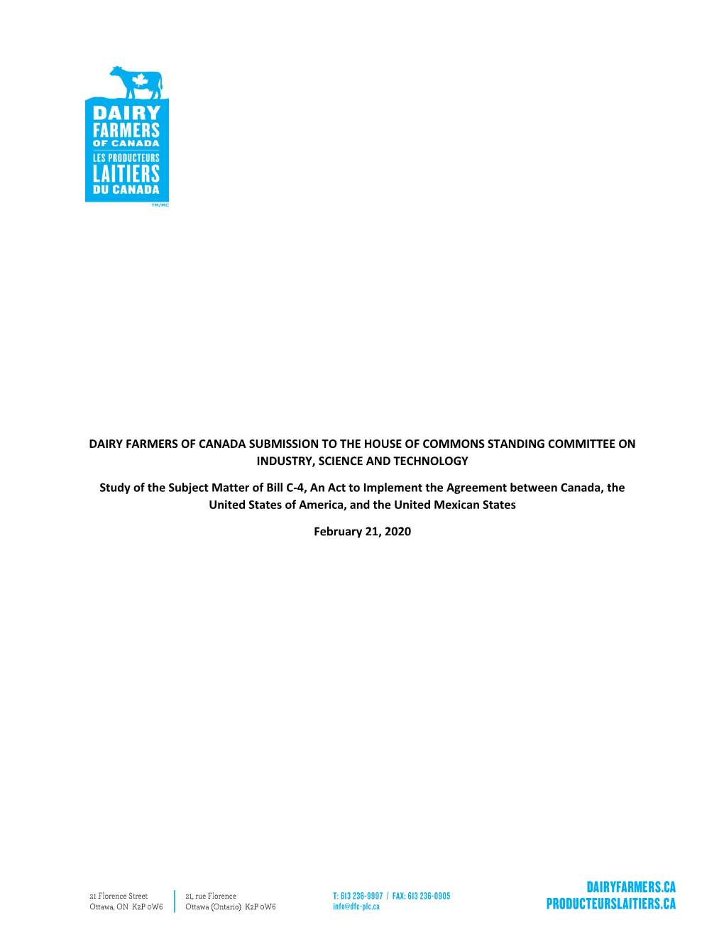 Dairy Farmers of Canada Submission to the House of Commons Standing Committee on Industry, Science and Technology