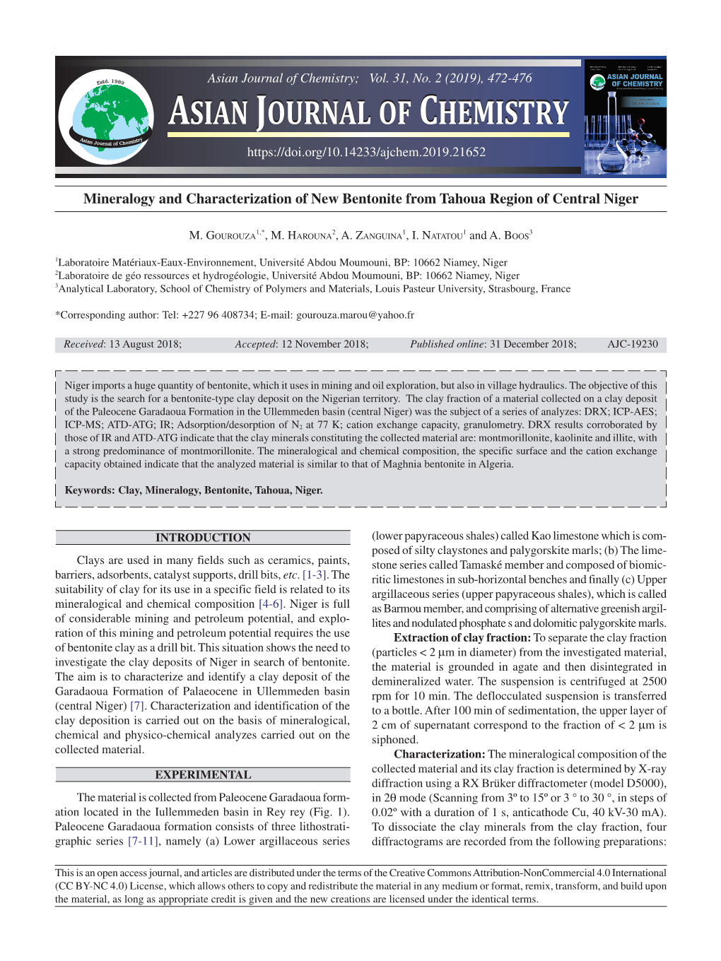 Mineralogy and Characterization of New Bentonite from Tahoua Region of Central Niger