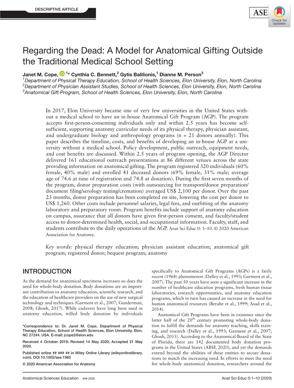 A Model for Anatomical Gifting Outside the Traditional Medical School Setting