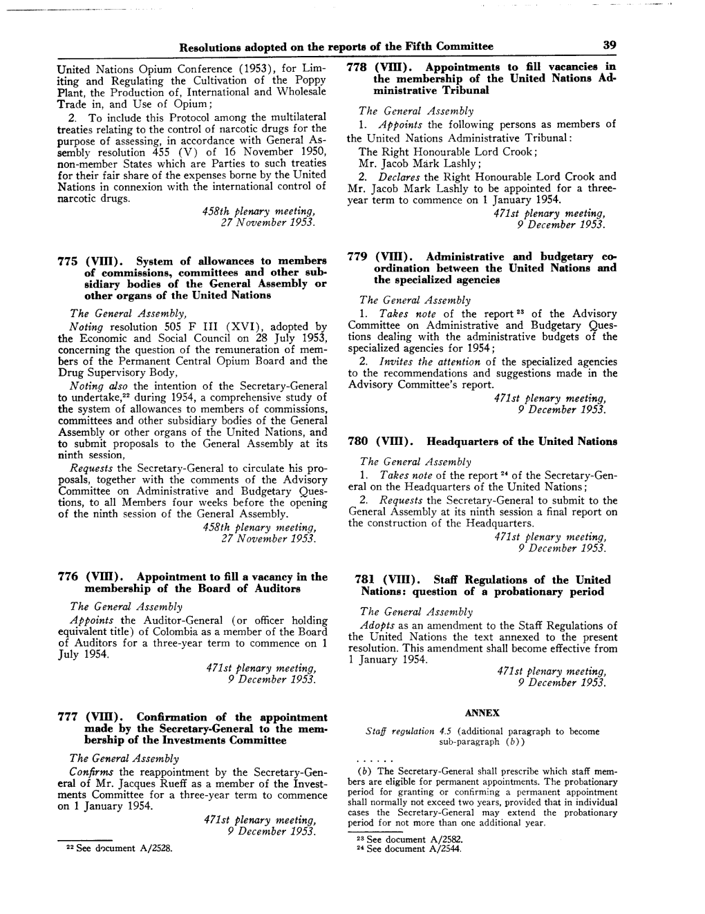 458Th Plenary Meeting, 27 November 1953. the General Assembly, 458Th