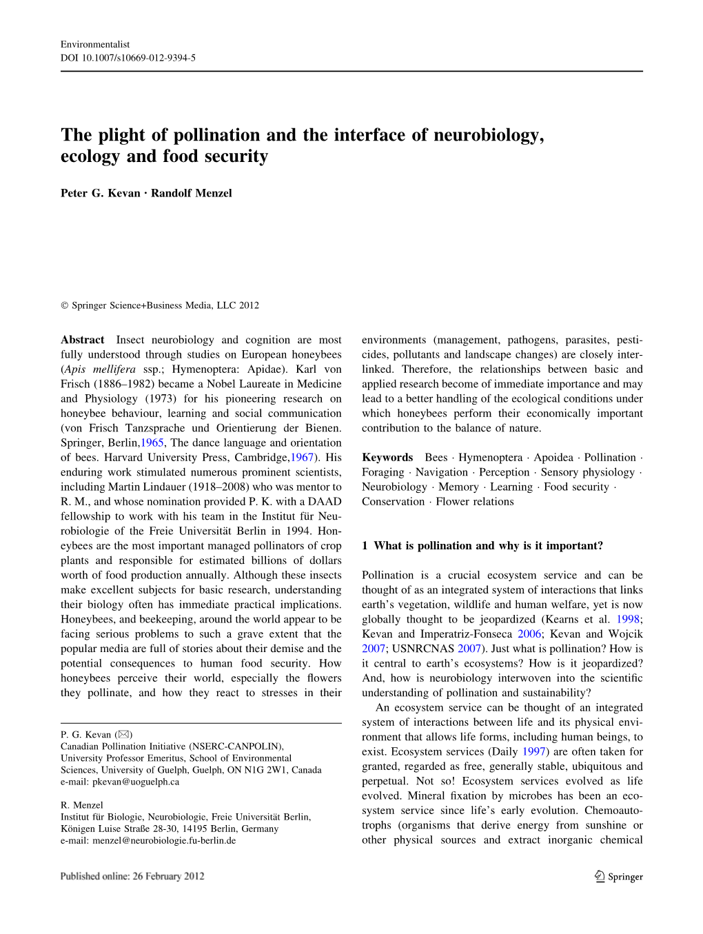 The Plight of Pollination and the Interface of Neurobiology, Ecology and Food Security