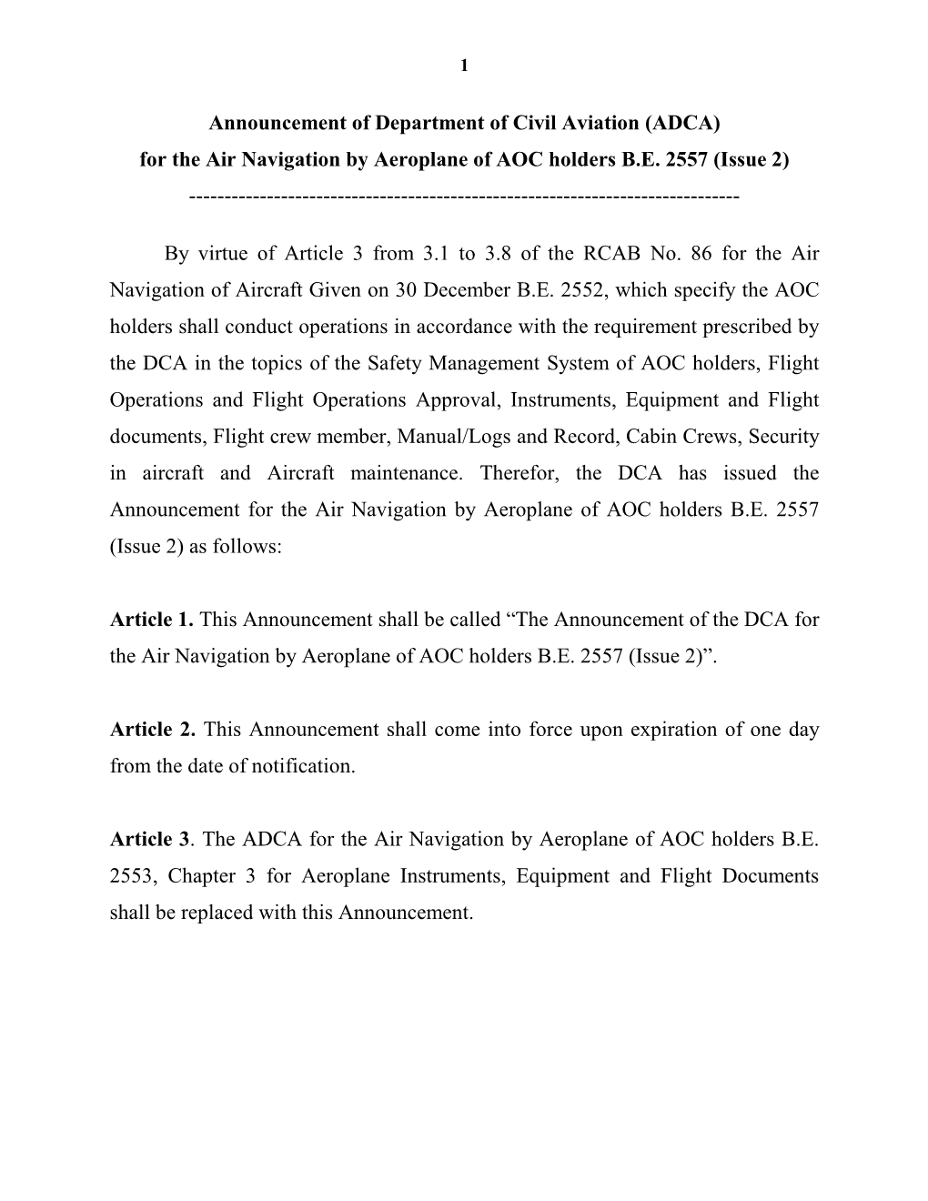 For the Air Navigation by Aeroplane of AOC Holders BE 2557 (Issue 2)