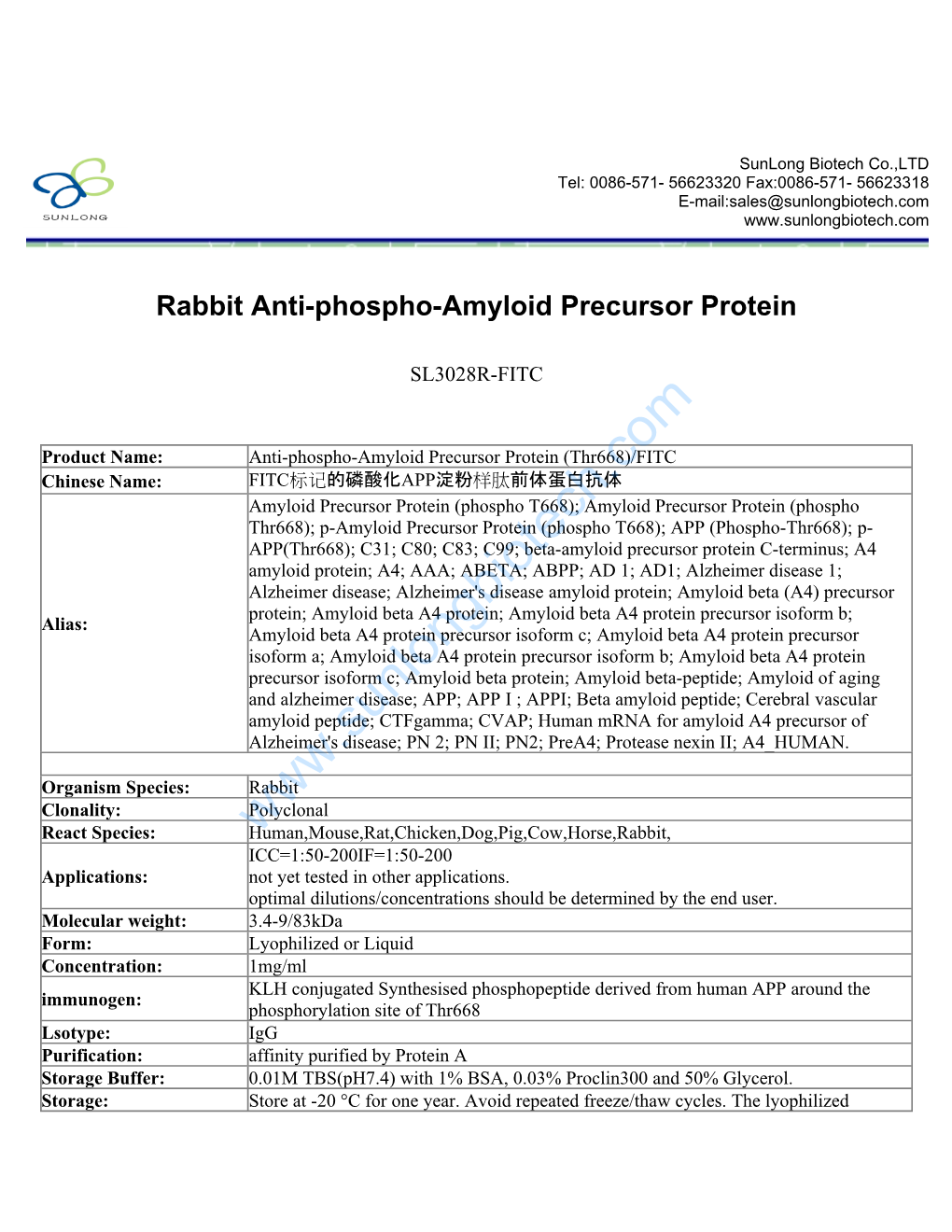 Rabbit Anti-Phospho-Amyloid Precursor Protein-SL3028R-FITC