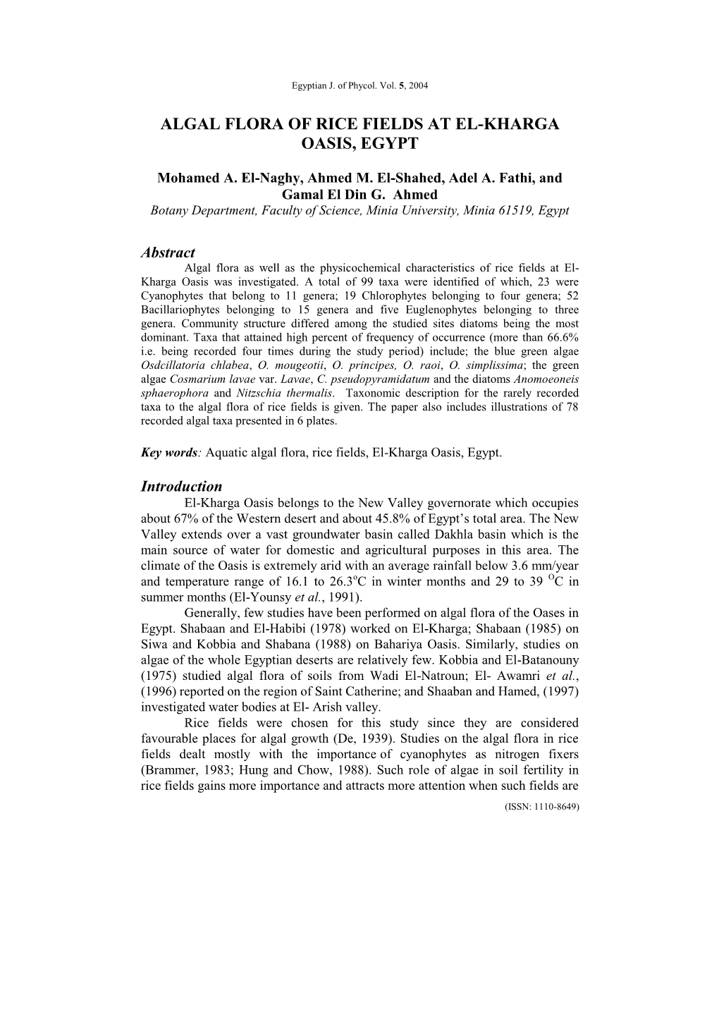 Ecological Studies on Algae of El-Kharga Oasis, Egypt