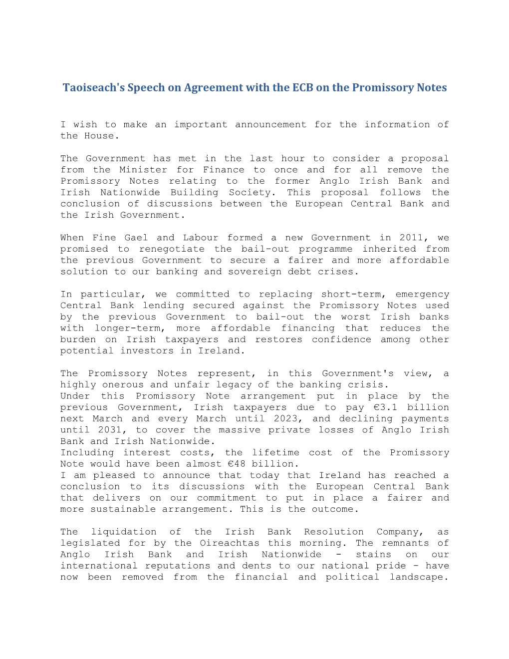 Taoiseach's Speech on Agreement with the ECB on the Promissory Notes