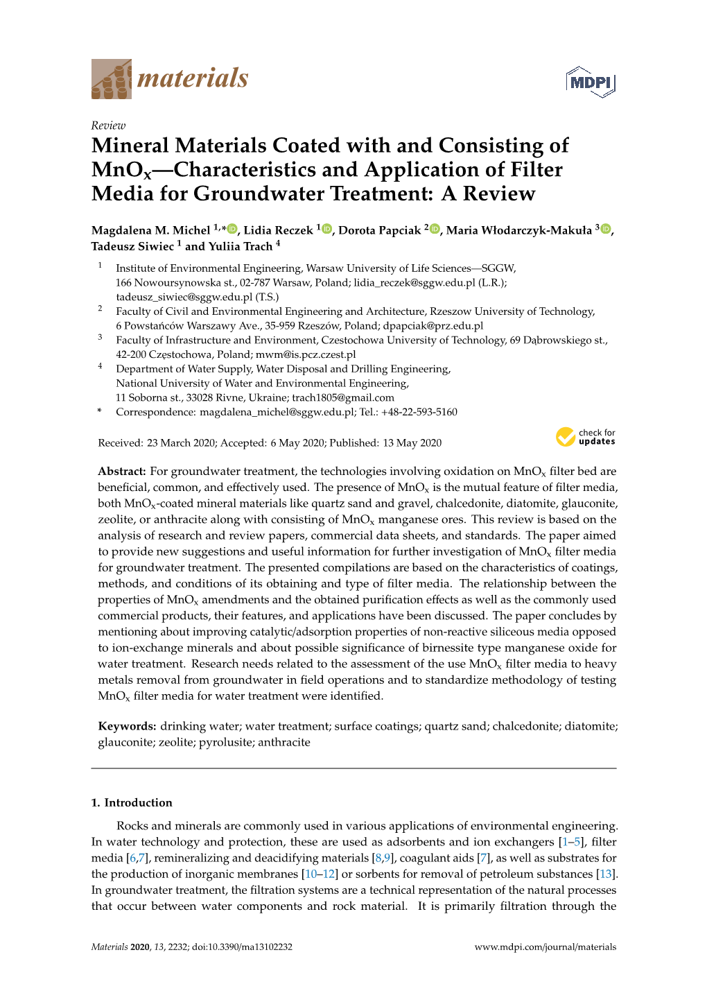 Mineral Materials Coated with and Consisting of Mnox—Characteristics and Application of Filter Media for Groundwater Treatment: a Review