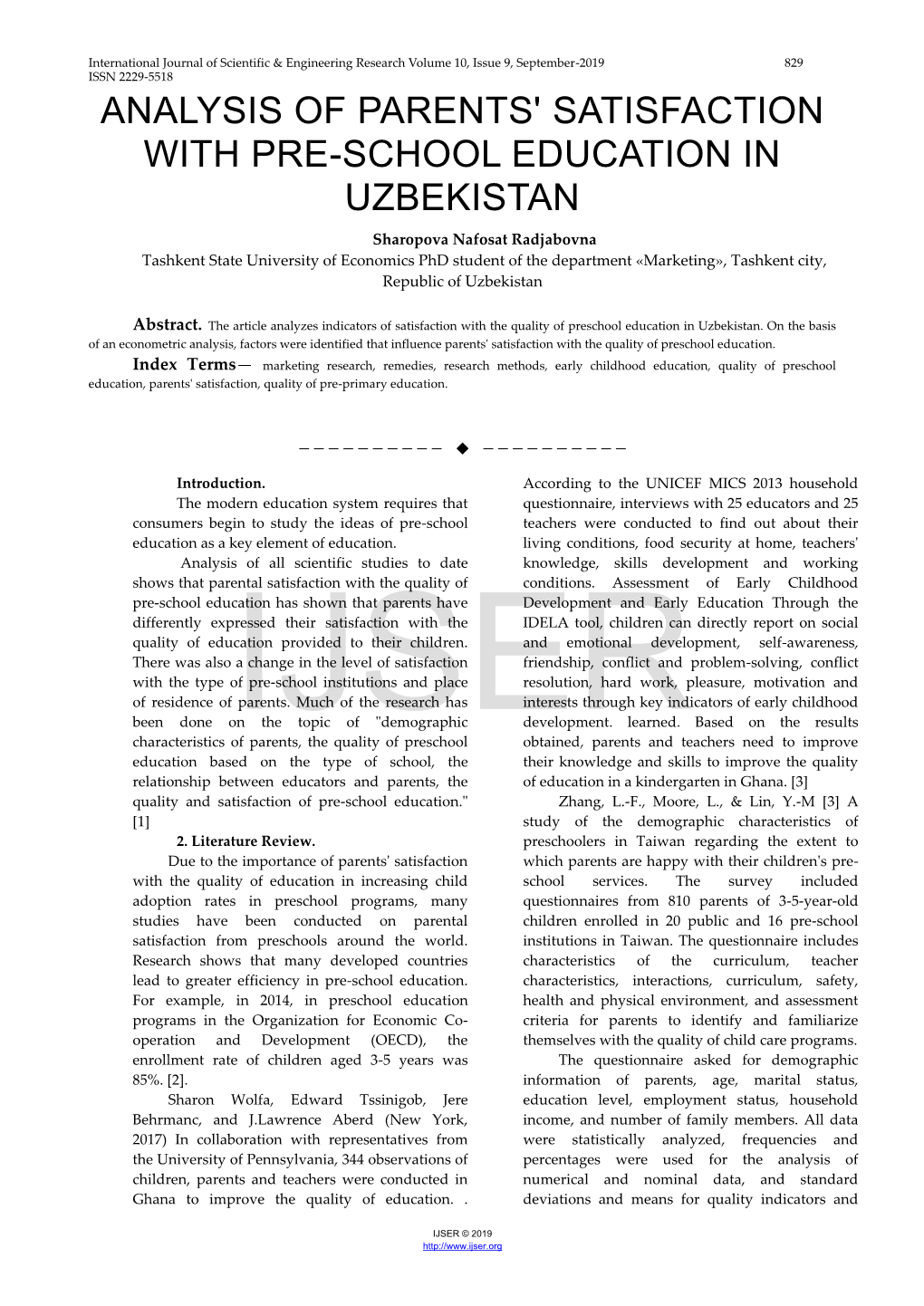 Analysis of Parents' Satisfaction with Pre-School Education in Uzbekistan