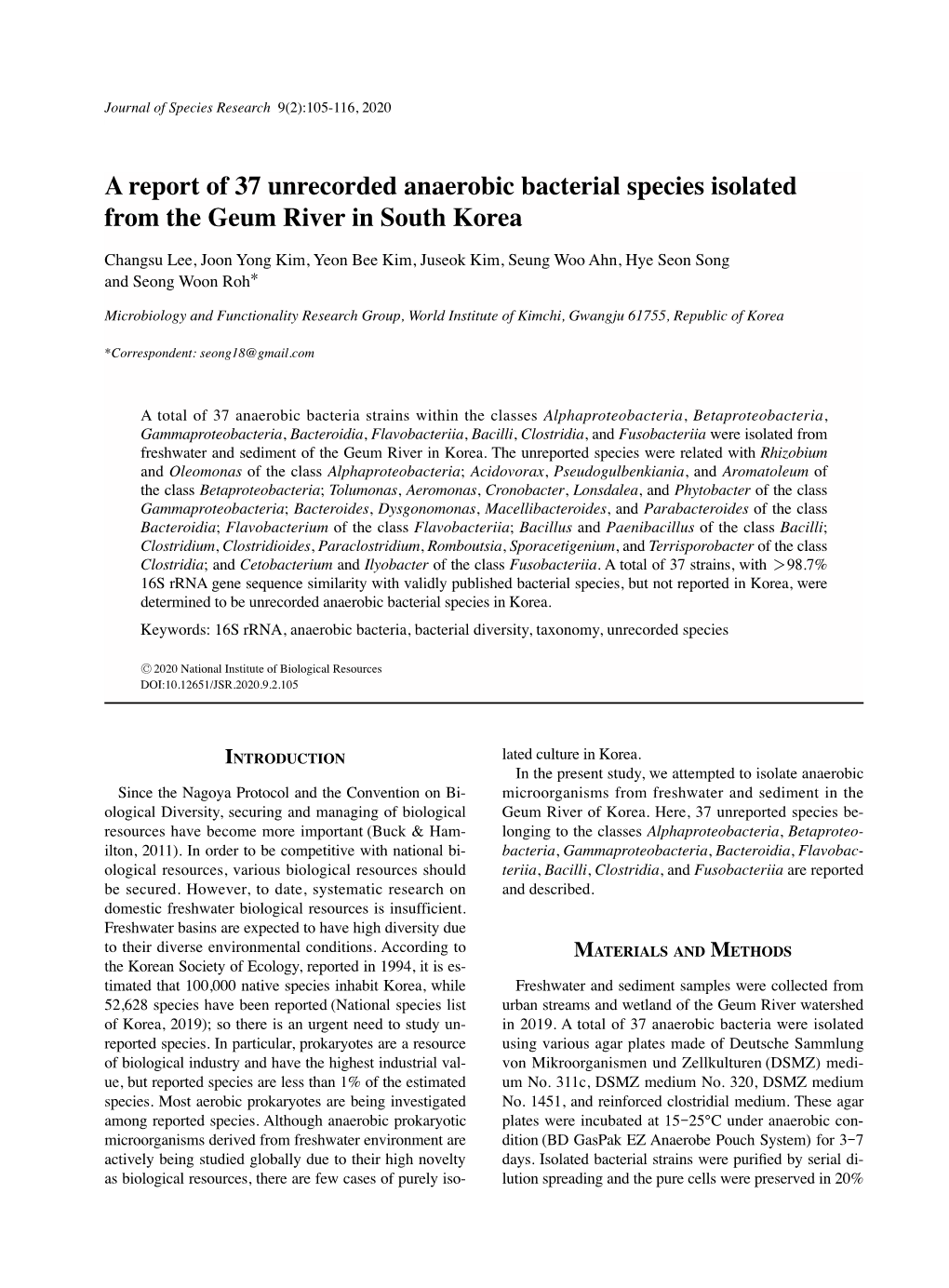 A Report of 37 Unrecorded Anaerobic Bacterial Species Isolated from the Geum River in South Korea