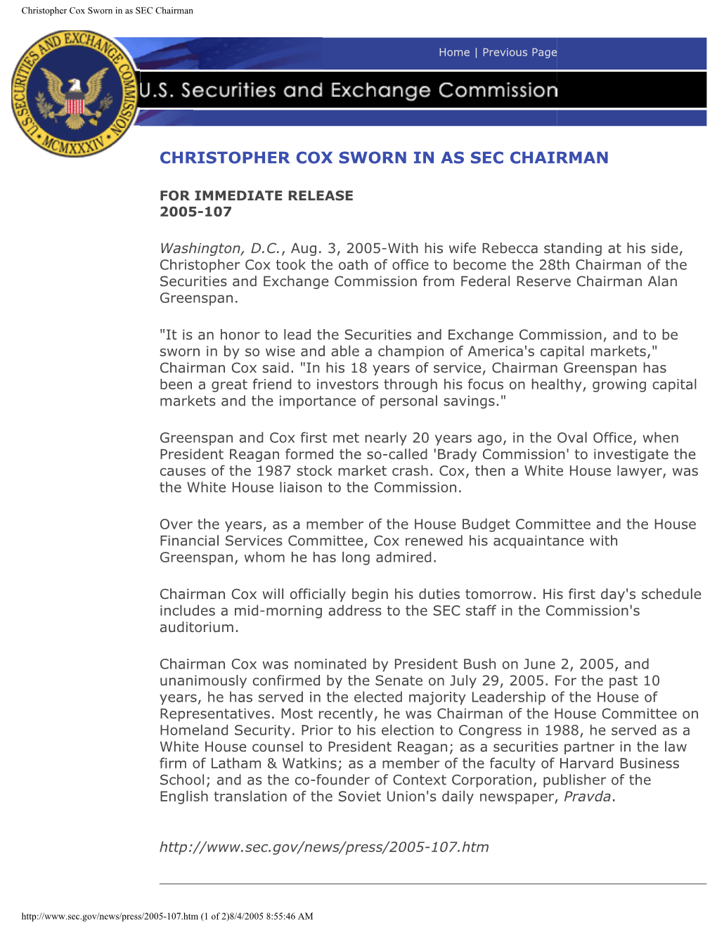 Christopher Cox Sworn in As SEC Chairman