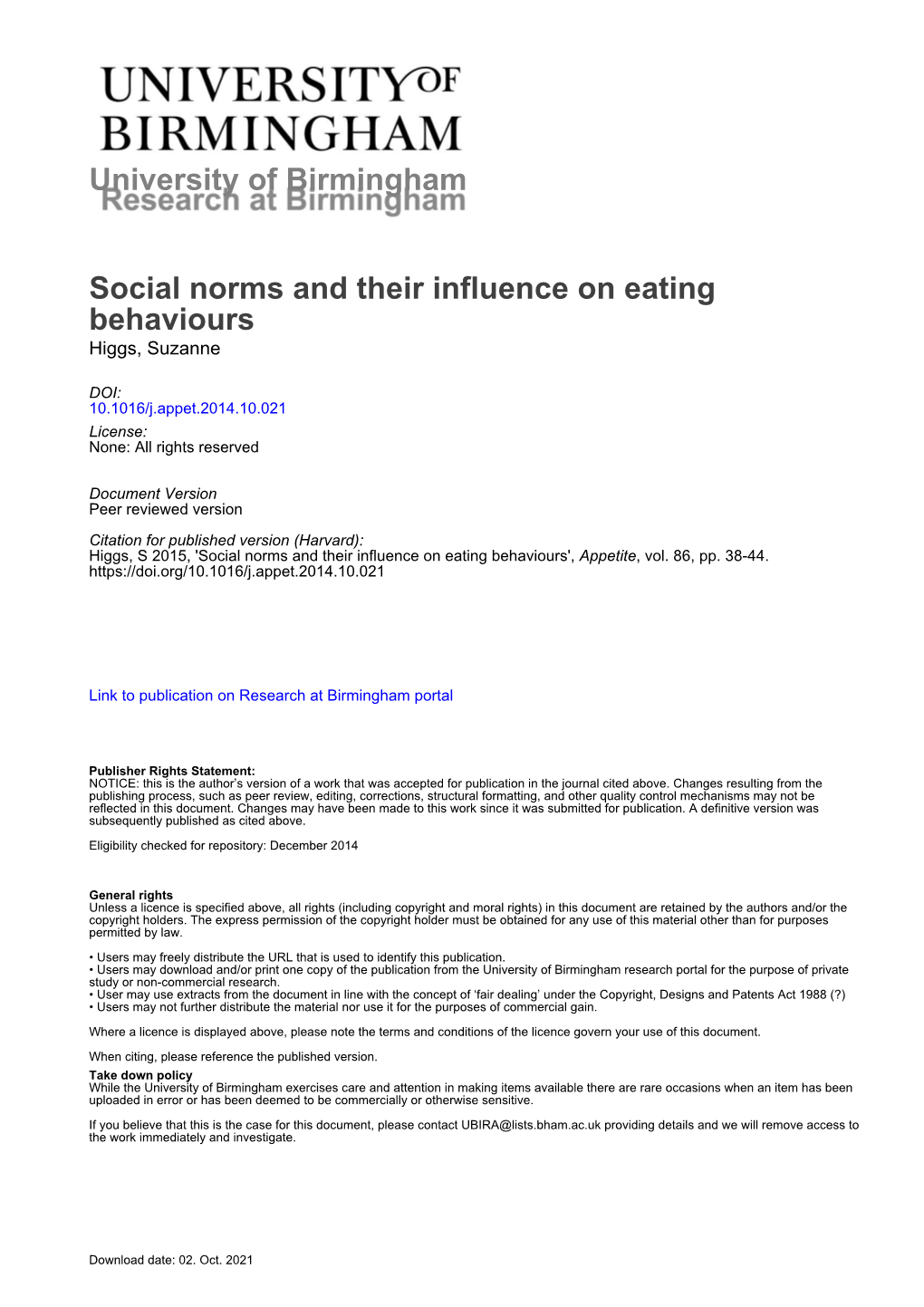 Social Norms and Their Influence on Eating Behaviours Higgs, Suzanne