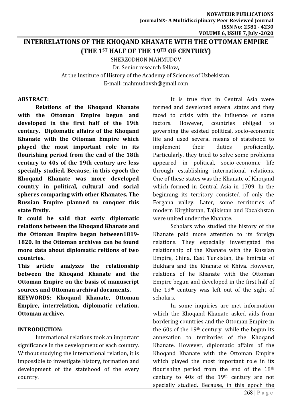 INTERRELATIONS of the KHOQAND KHANATE with the OTTOMAN EMPIRE (THE 1ST HALF of the 19TH of CENTURY) SHERZODHON MAHMUDOV Dr