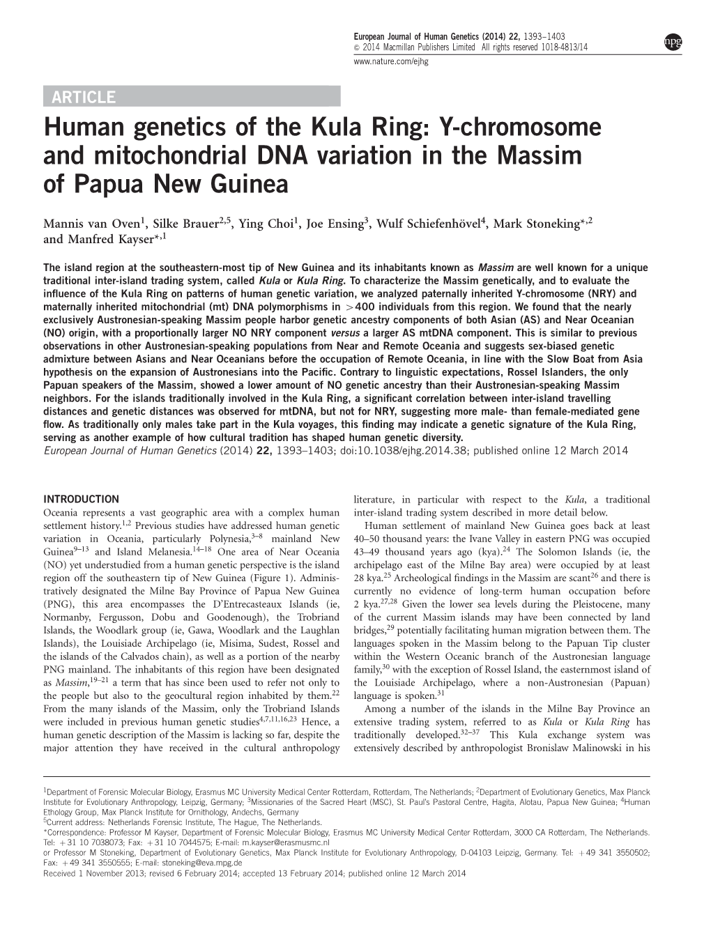 Human Genetics of the Kula Ring: Y-Chromosome and Mitochondrial DNA Variation in the Massim of Papua New Guinea