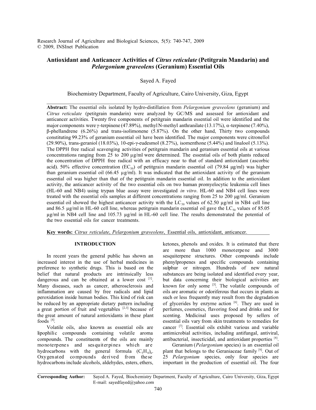 Antioxidant and Anticancer Activities of Citrus Reticulate (Petitgrain Mandarin) and Pelargonium Graveolens (Geranium) Essential Oils