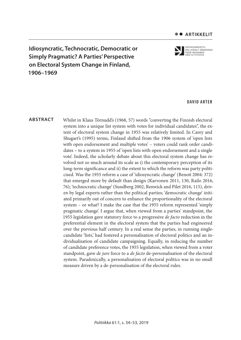 A Parties' Perspective on Electoral System Change in Finland