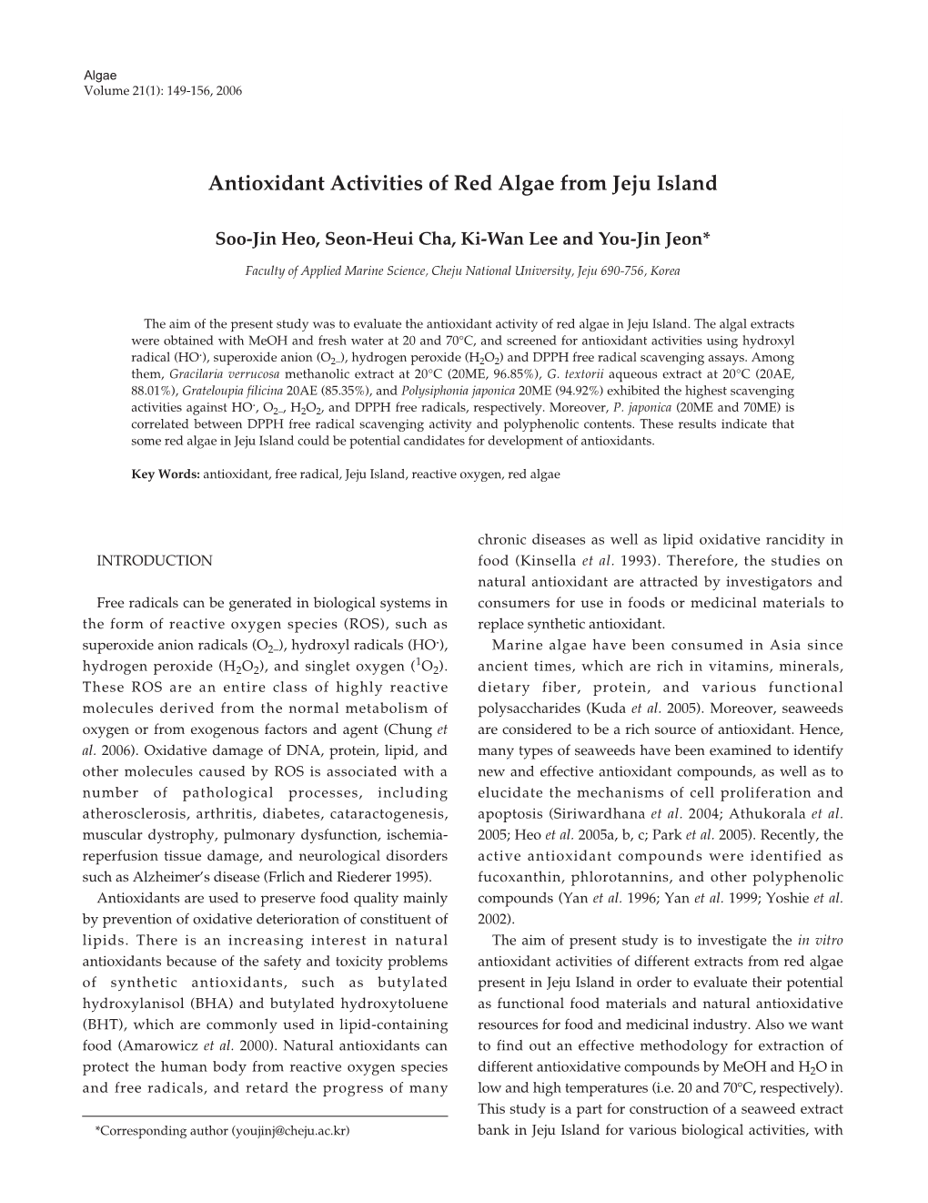 Antioxidant Activities of Red Algae from Jeju Island