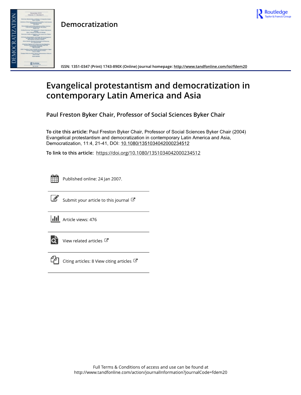 Evangelical Protestantism and Democratization in Contemporary Latin America and Asia