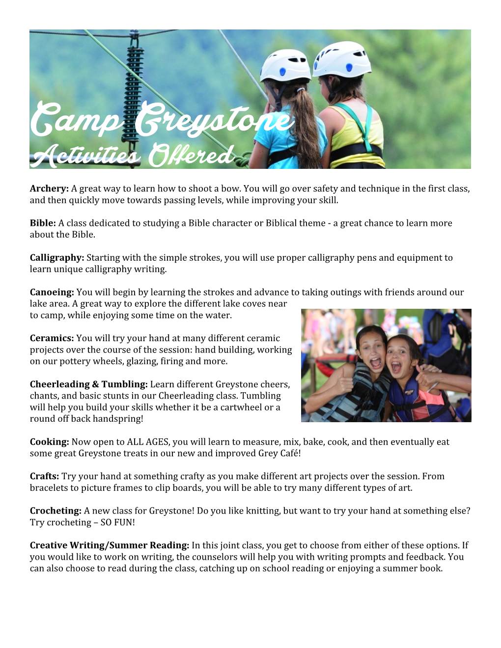 Camp Greystone Activities Offered