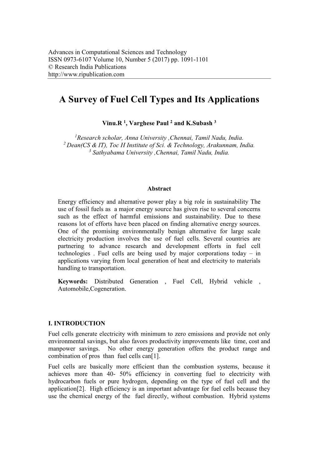 A Survey of Fuel Cell Types and Its Applications