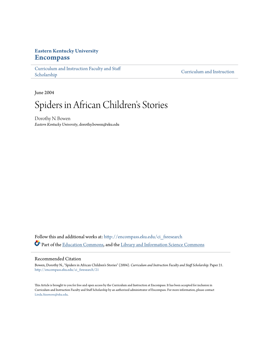 Spiders in African Children's Stories Dorothy N