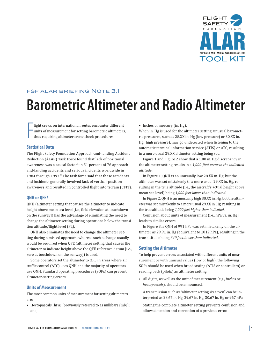 FSF ALAR Briefing Note 3.1: Barometric Altimeter and Radio