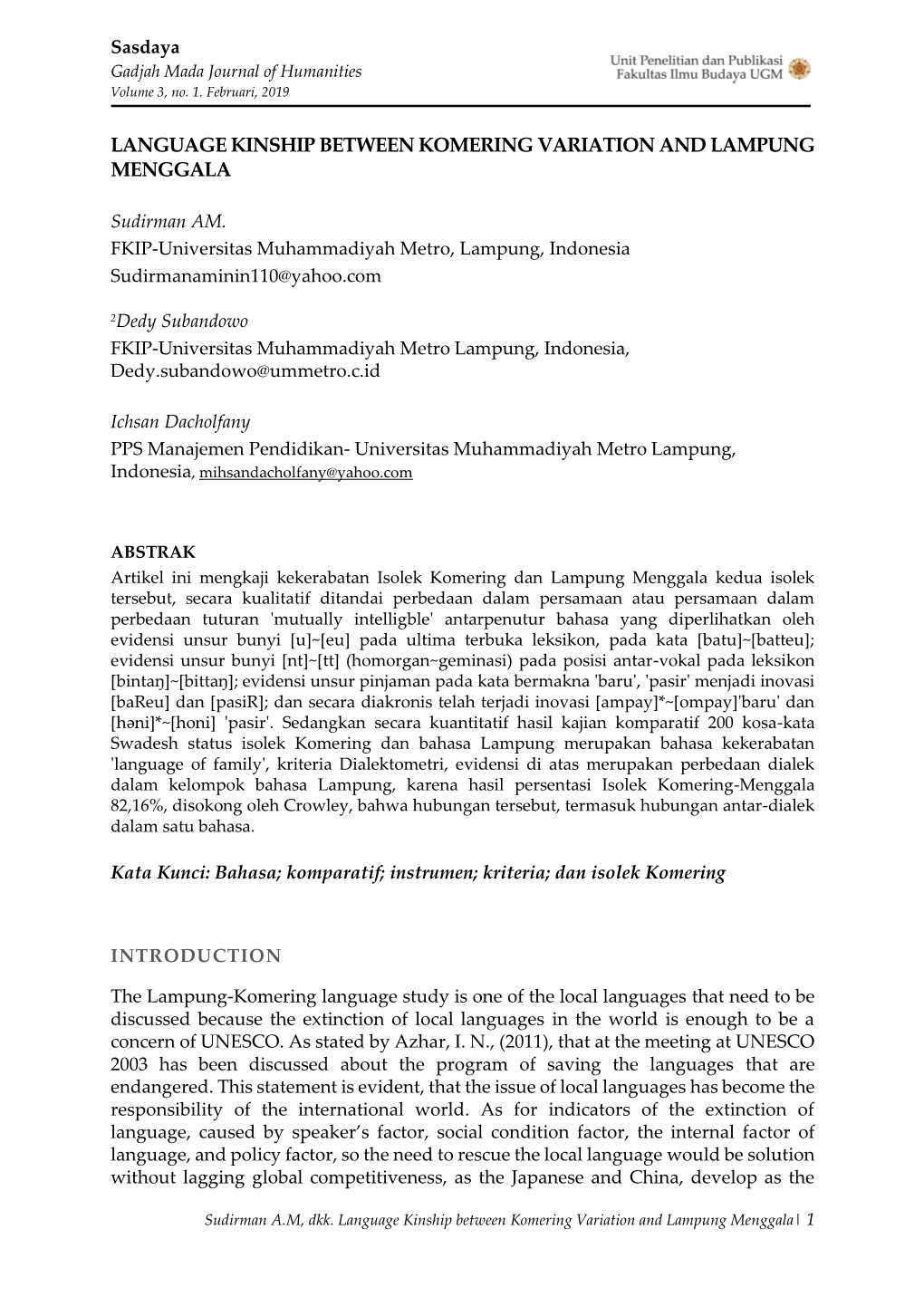 Language Kinship Between Komering Variation and Lampung Menggala