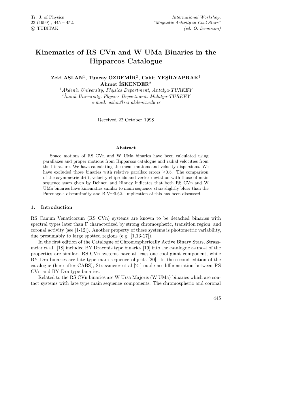 Kinematics of RS Cvn and W Uma Binaries in the Hipparcos Catalogue