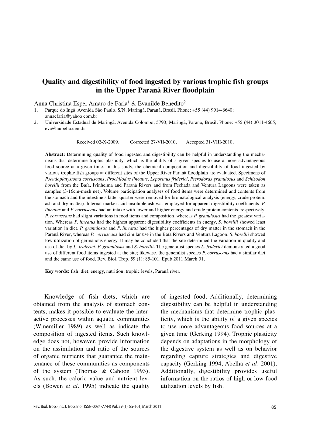 Quality and Digestibility of Food Ingested by Various Trophic Fish Groups in the Upper Paraná River Floodplain