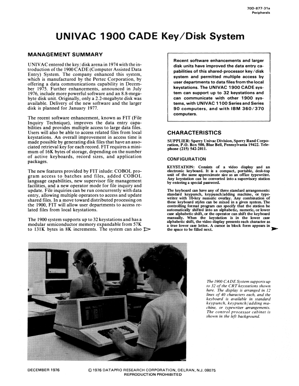 UNIVAC 1900 CADE Key/Disk System
