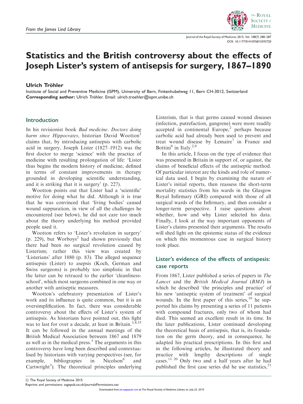 Statistics and the British Controversy About the Effects of Joseph Lister's