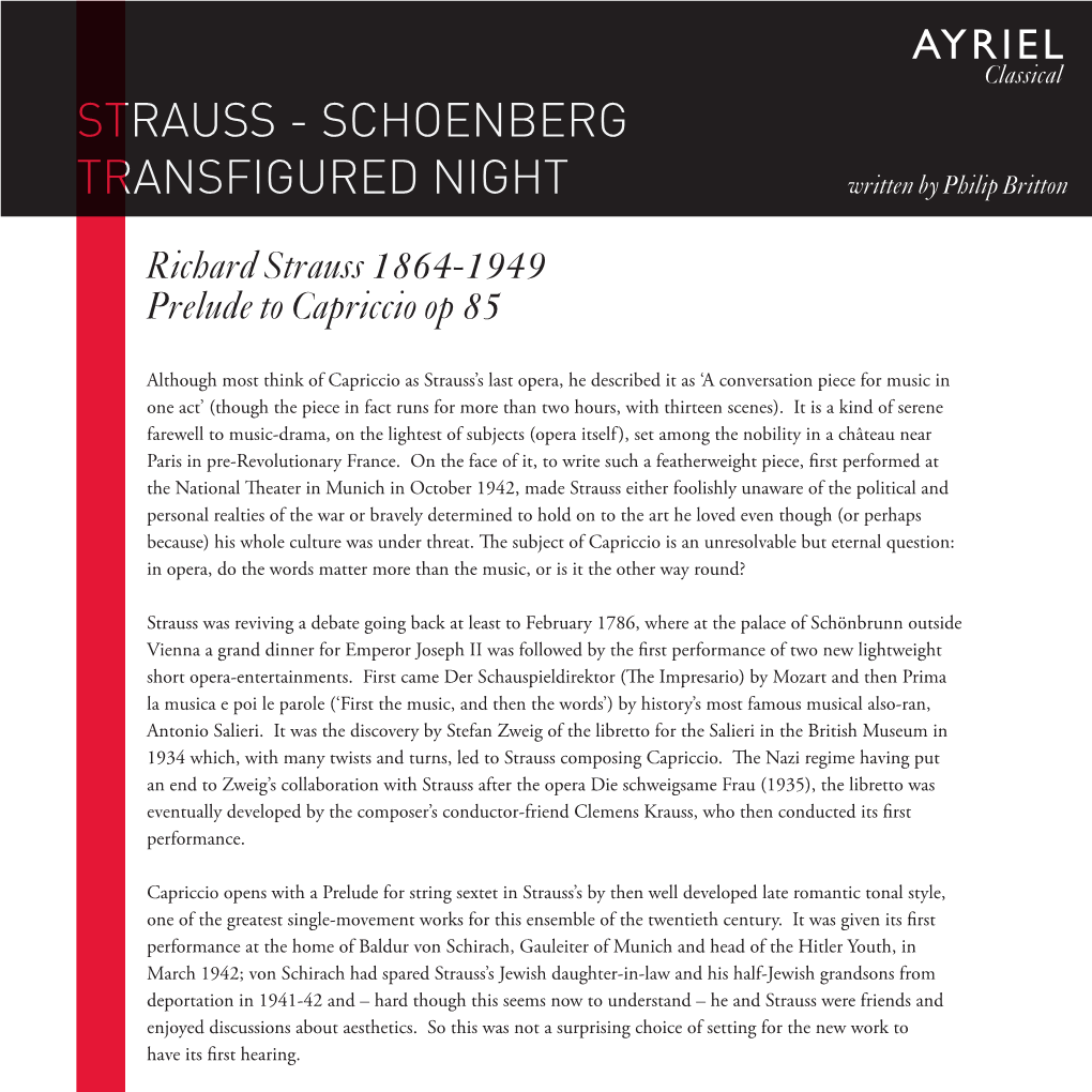 STRAUSS - SCHOENBERG TRANSFIGURED NIGHT Written by Philip Britton