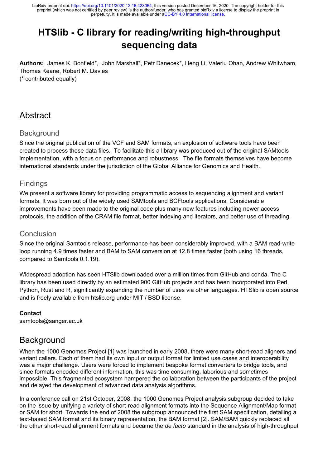 Htslib - C Library for Reading/Writing High-Throughput Sequencing Data