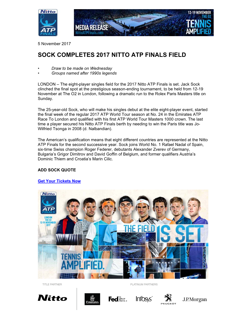 Sock Completes 2017 Nitto Atp Finals Field