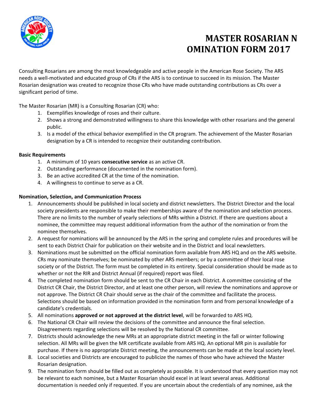 Master Rosarian Nomination Form 2017