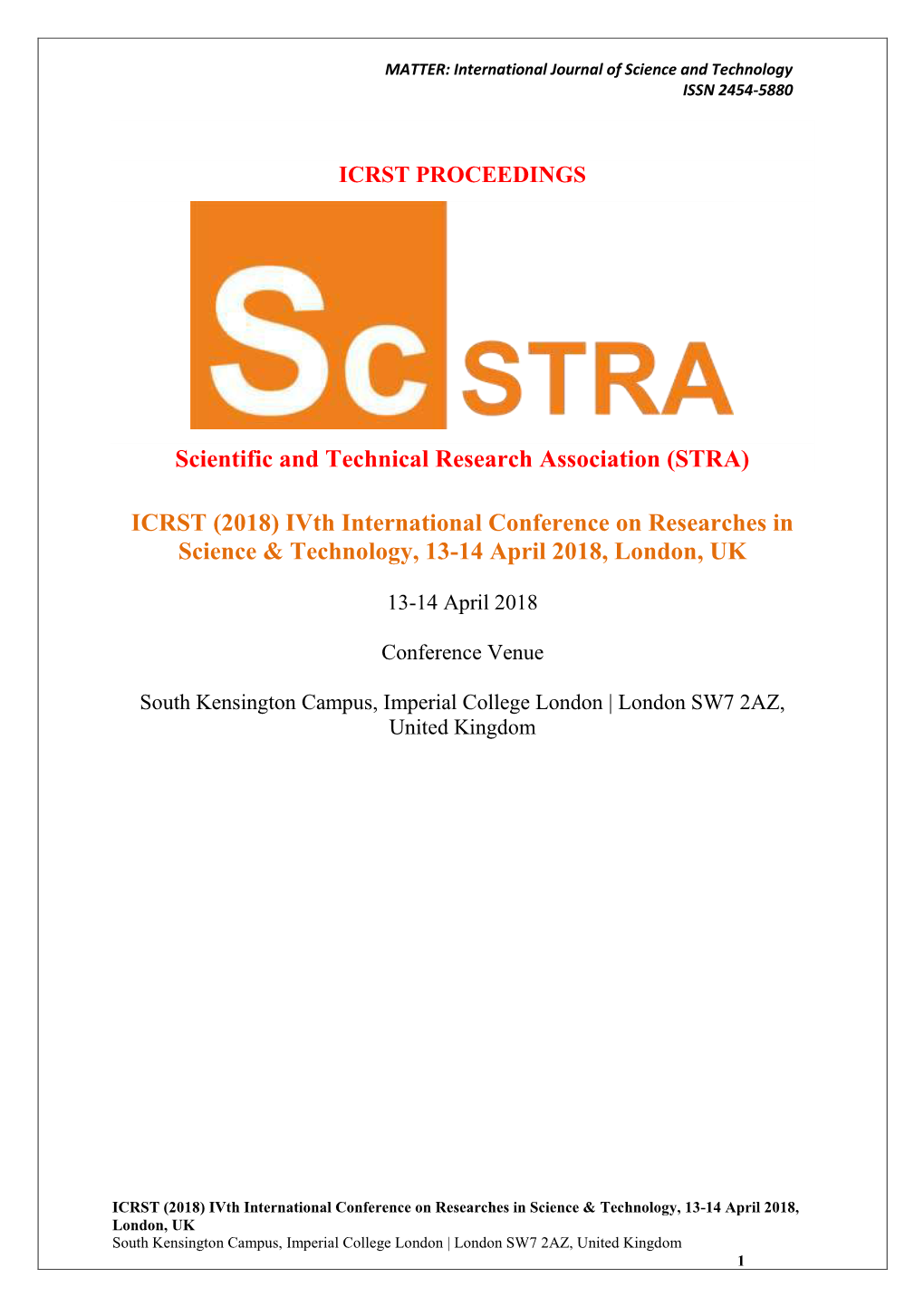 Scientific and Technical Research Association (STRA) ICRST (2018