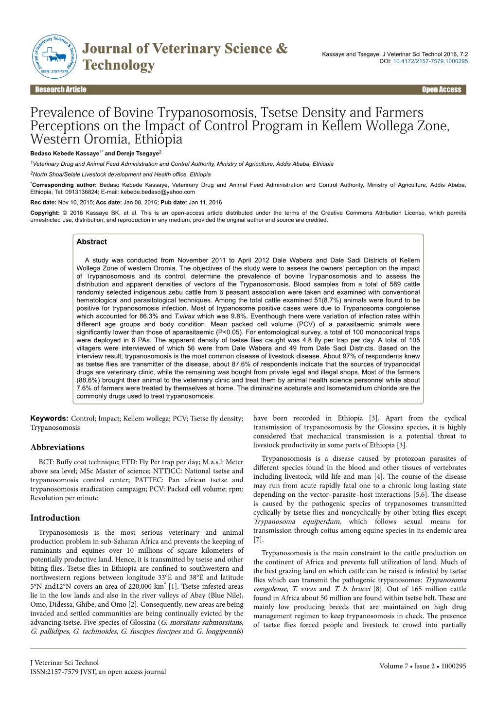 Prevalence of Bovine Trypanosomosis, Tsetse Density and Farmers