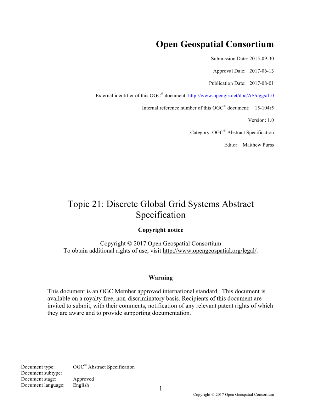 Discrete Global Grid Systems Abstract Specification