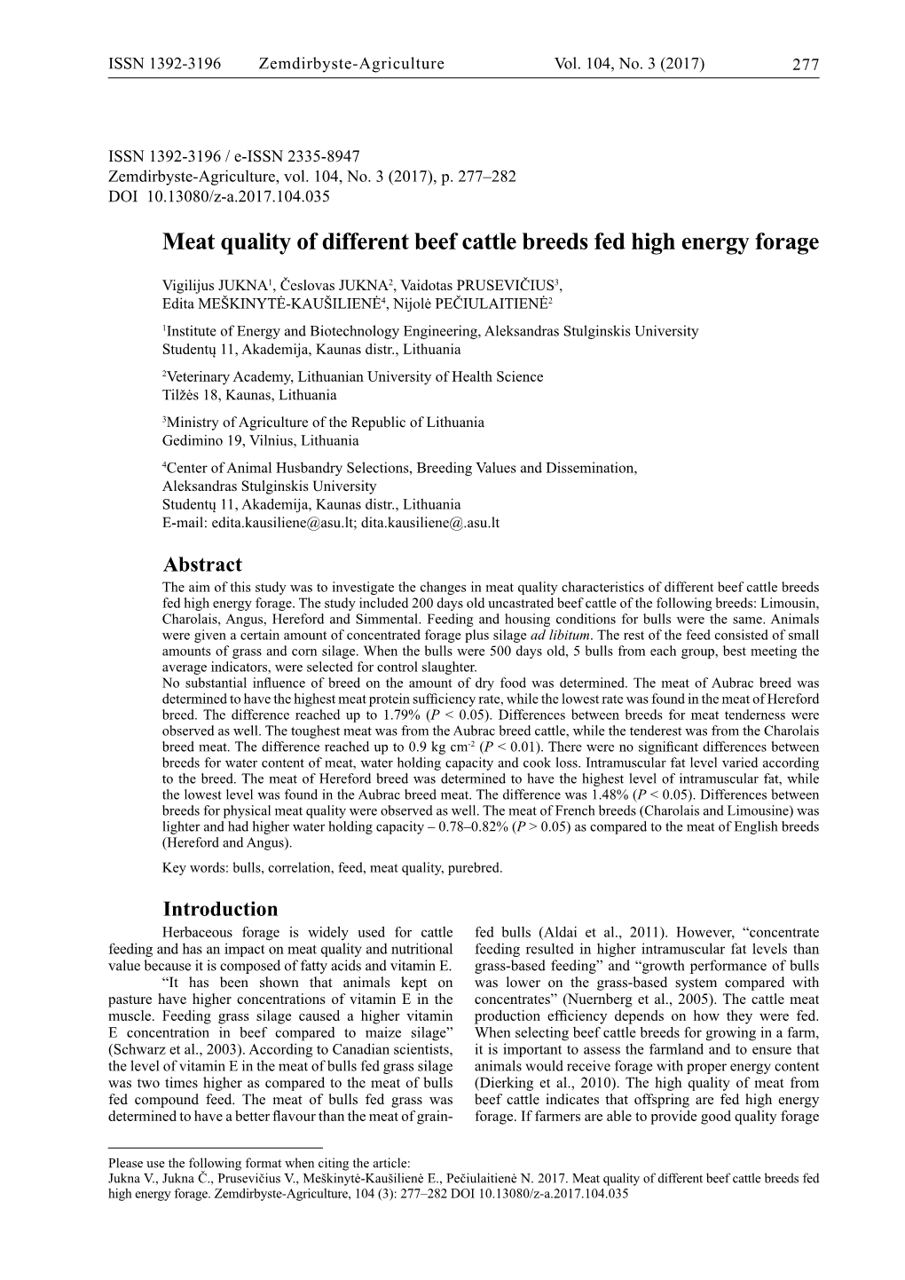 Meat Quality of Different Beef Cattle Breeds Fed High Energy Forage