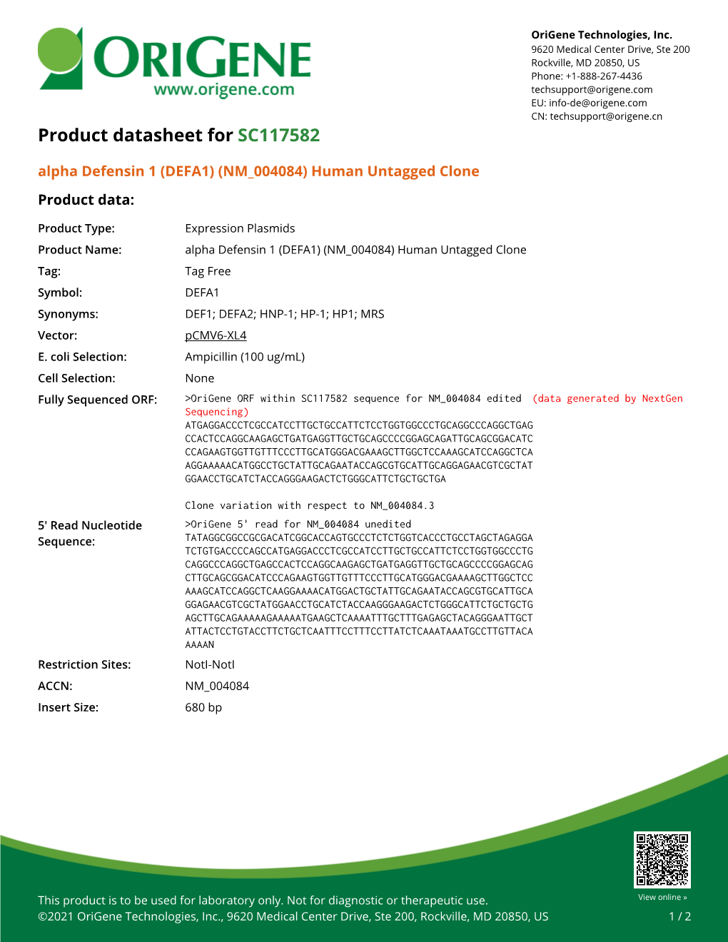 Alpha Defensin 1 (DEFA1) (NM 004084) Human Untagged Clone Product Data