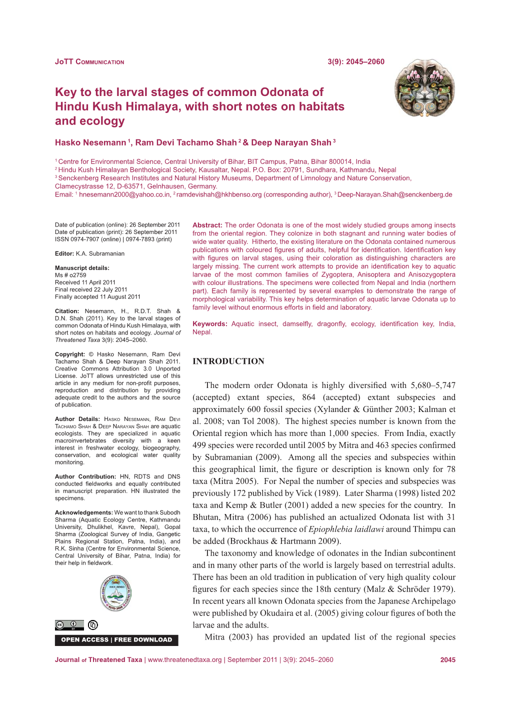 Key to the Larval Stages of Common Odonata of Hindu Kush Himalaya, with Short Notes on Habitats and Ecology