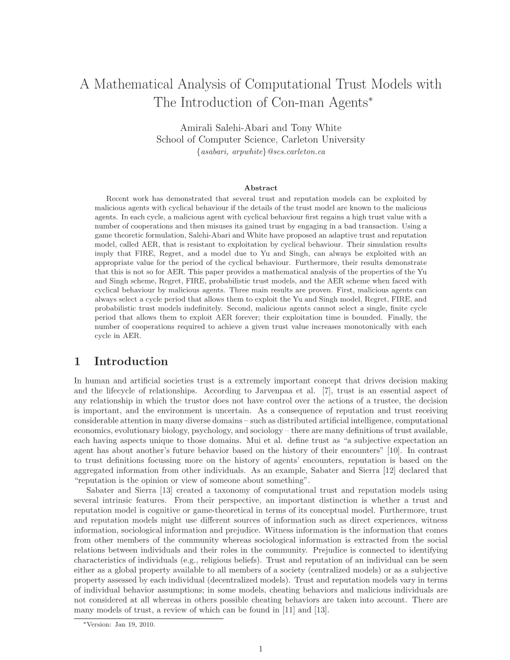 A Mathematical Analysis of Computational Trust Models with the Introduction of Con-Man Agents∗