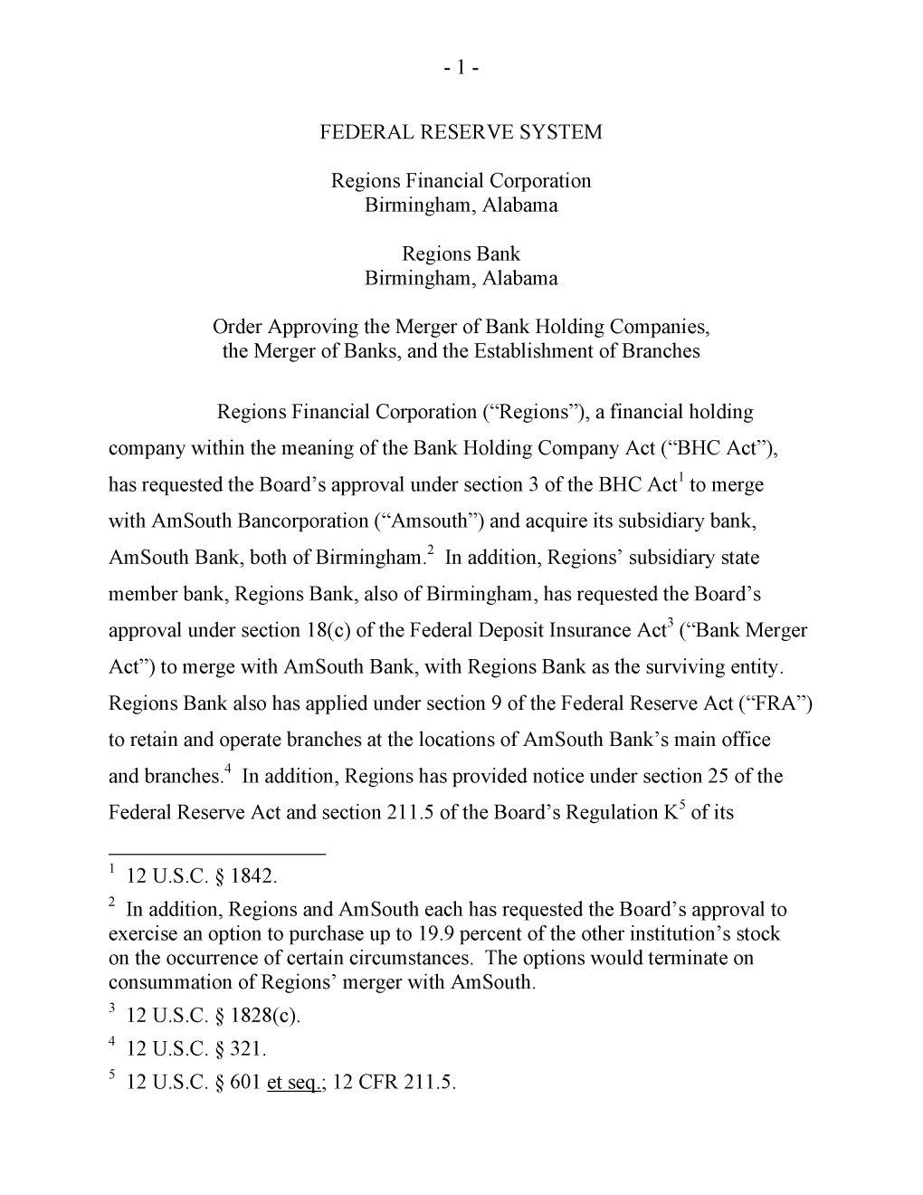 Approval of Proposal by Regions Financial Corporation