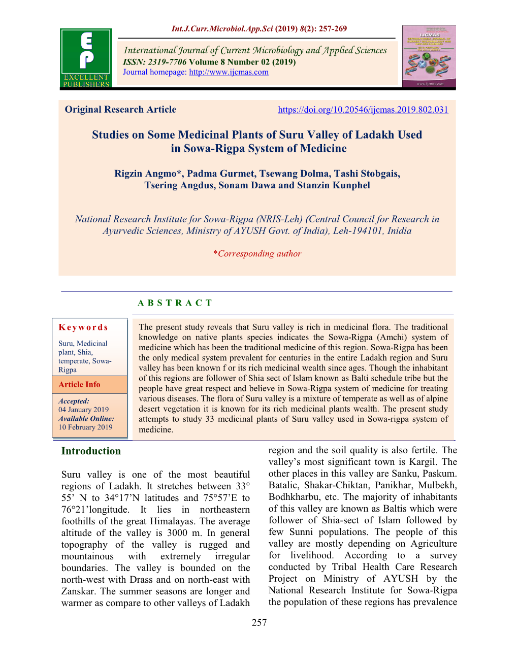 Studies on Some Medicinal Plants of Suru Valley of Ladakh Used in Sowa-Rigpa System of Medicine