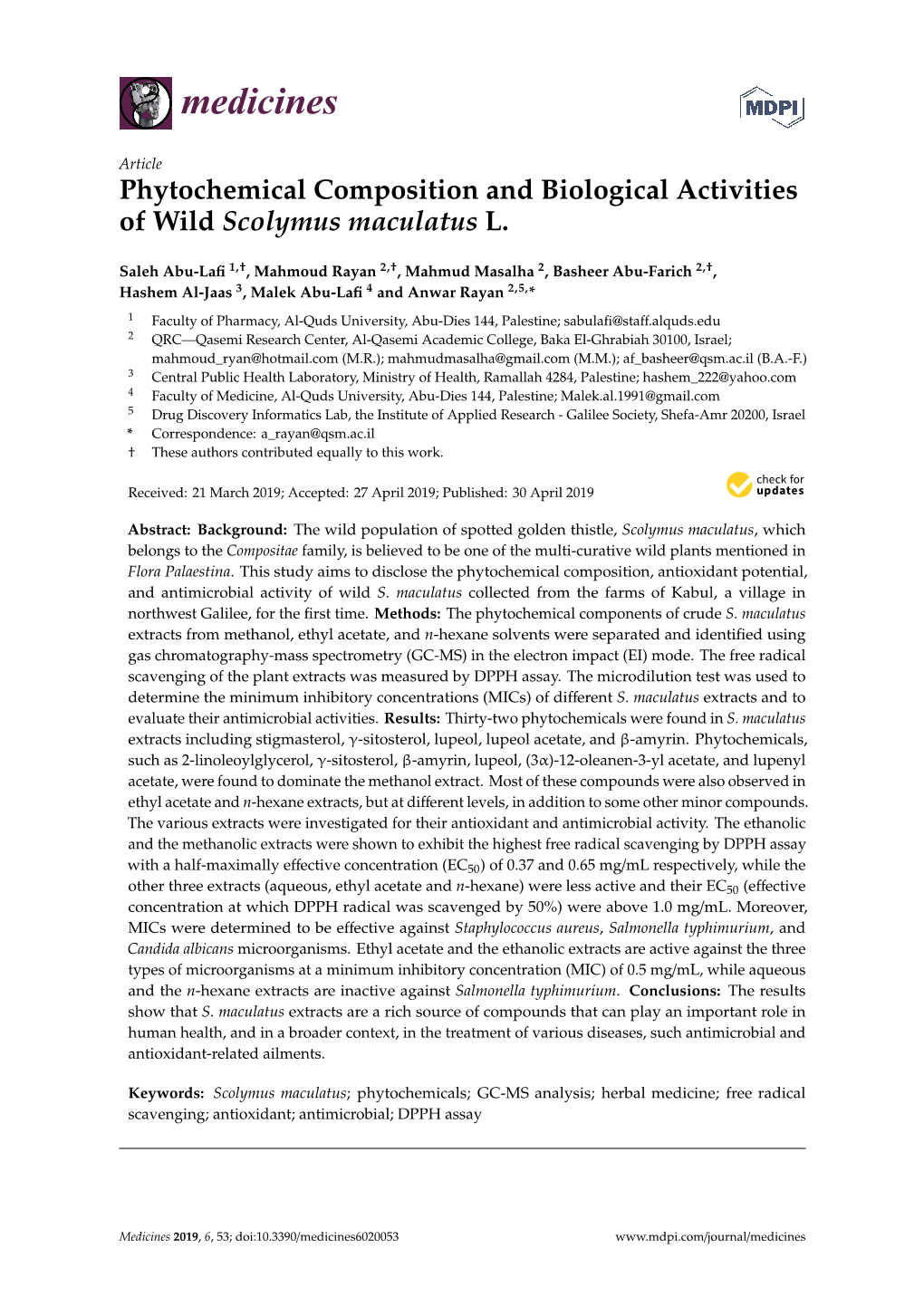 Phytochemical Composition and Biological Activities of Wild Scolymus Maculatus L