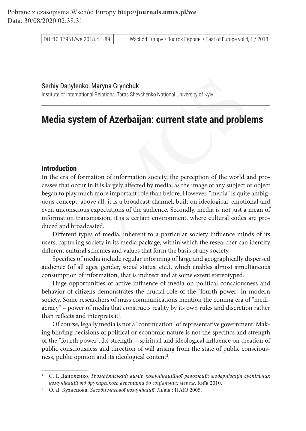 Media System of Azerbaijan: Current State and Problems