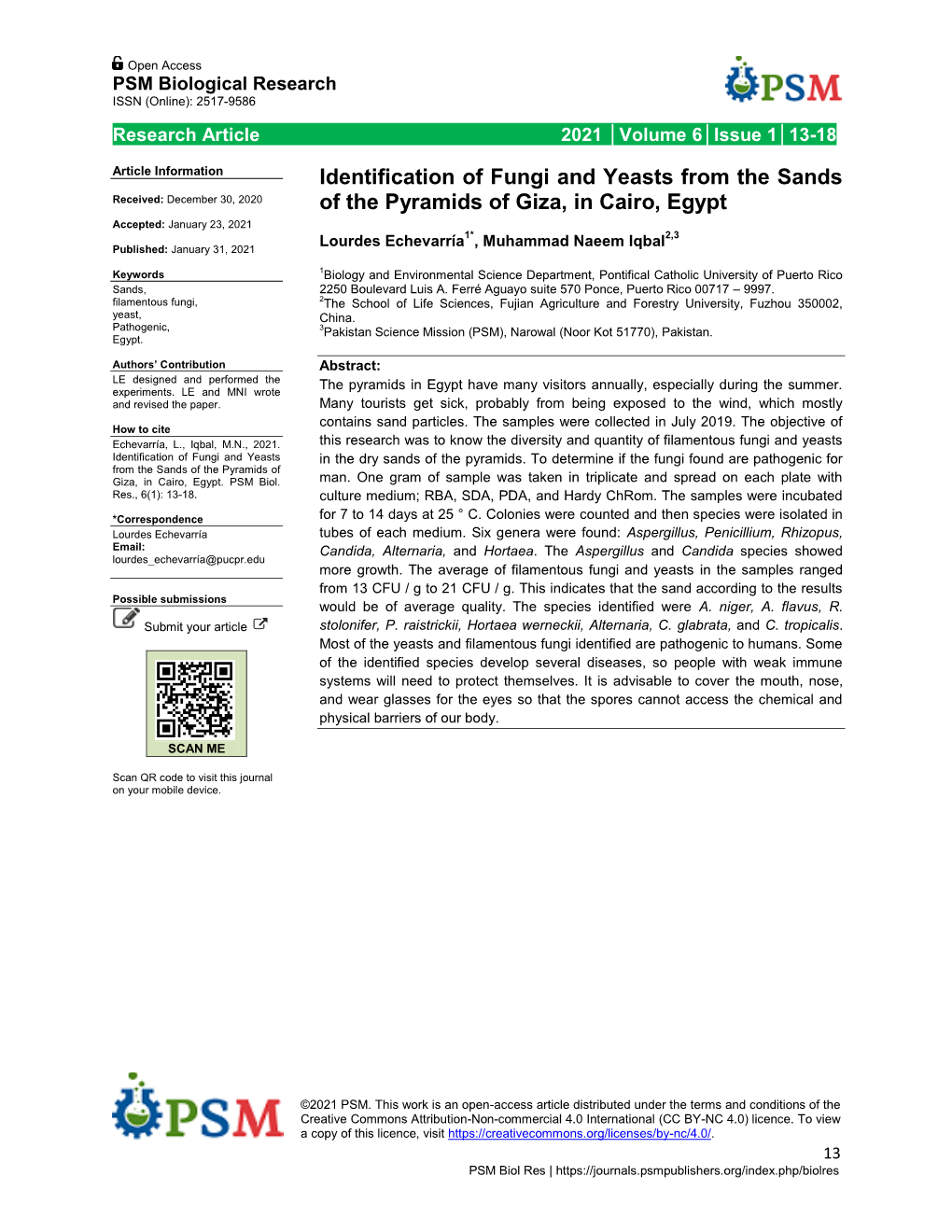 Identification of Fungi and Yeasts from the Sands of the Pyramids of Giza