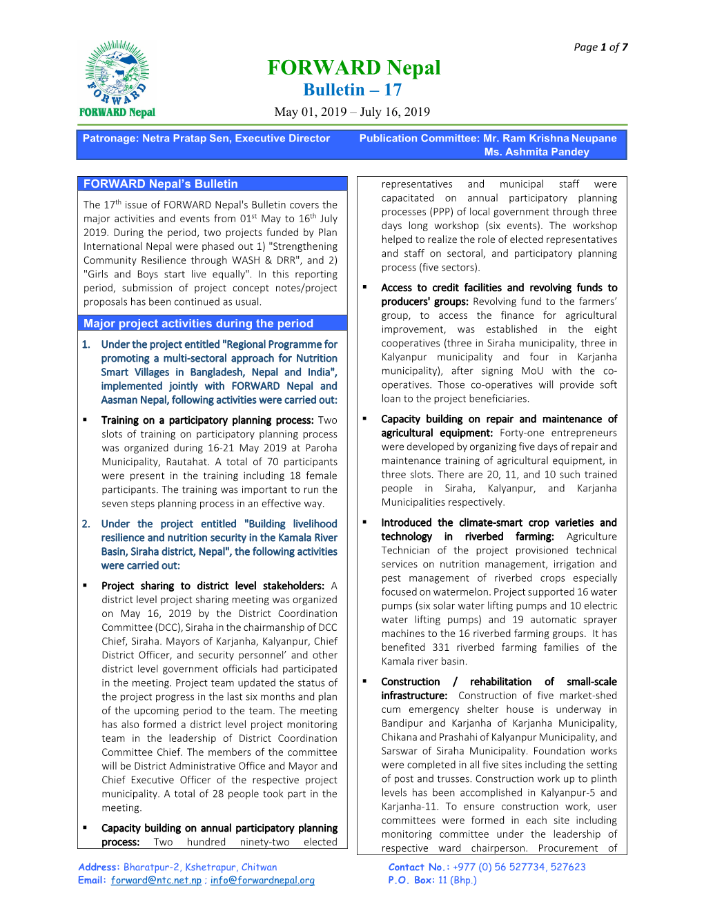 FORWARD Nepal Bulletin – 17 May 01, 2019 – July 16, 2019